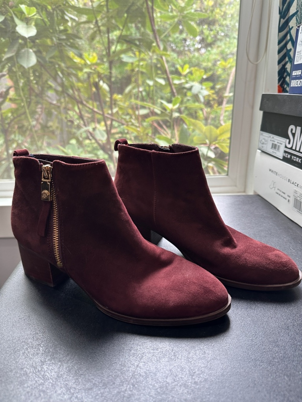 Tommy Hilfiger Burgundy Suede Ankle Booties with Side Zip